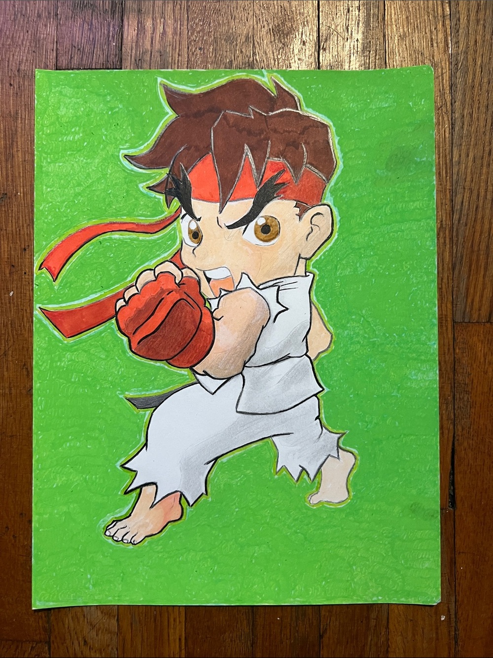 Hand-Drawn Martial Arts Character Illustration - Green Background, Red Accents